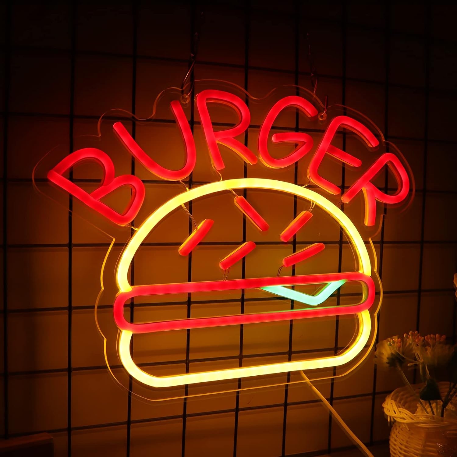 burgerivalgustus neoonmärgi logo seinal